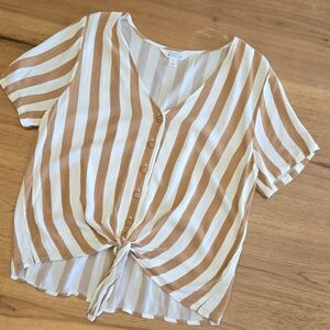 Market & Spruce Striped Tie Front Blouse | Size M | Tan Cream Lightweight